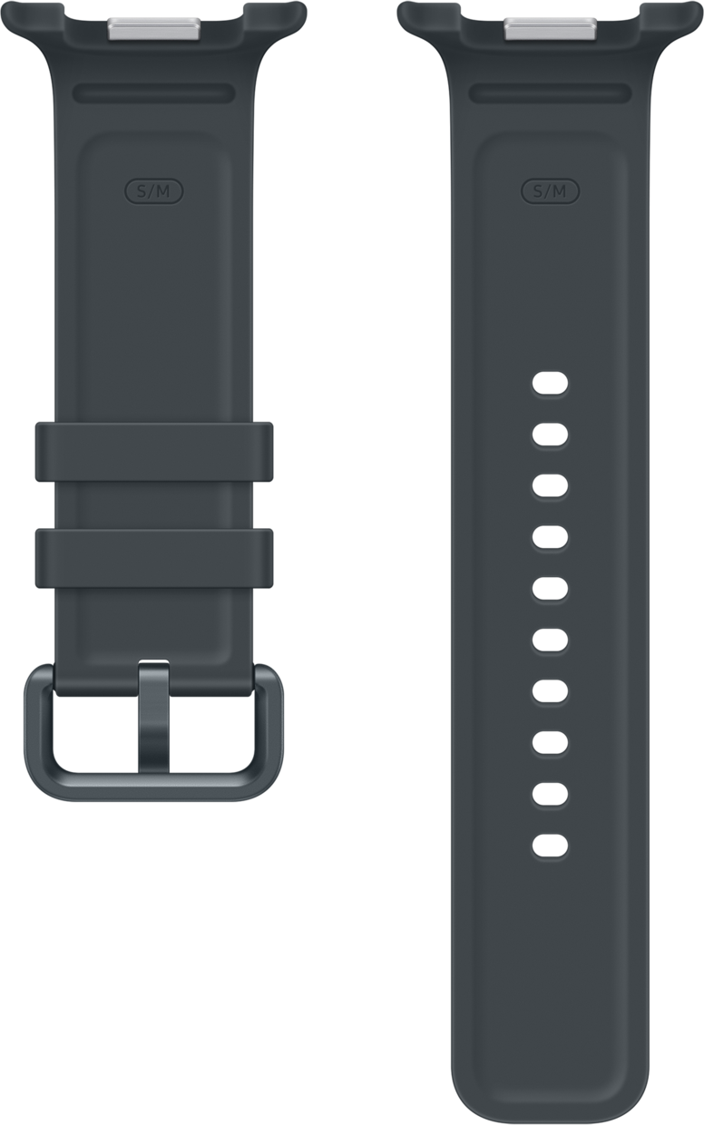 Zwei dunkle graue Uhrenarmbänder nebeneinander. Eines hat eine Schnalle, das andere Löcher.