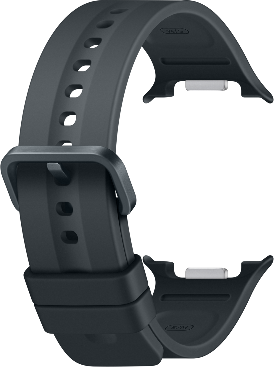 Ein dunkles, flexibles Armband mit Dornschließe und Lochung.
