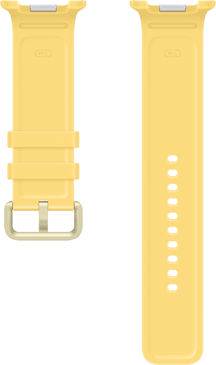 Zwei gelbe Armbänder für Smartwatches, eines mit Schnalle und Lochreihe.