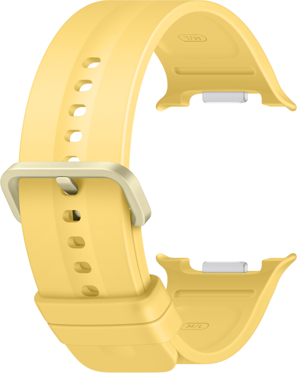 Ein hellgelbes Armband mit Metallschnalle und Längenmarkierungen.