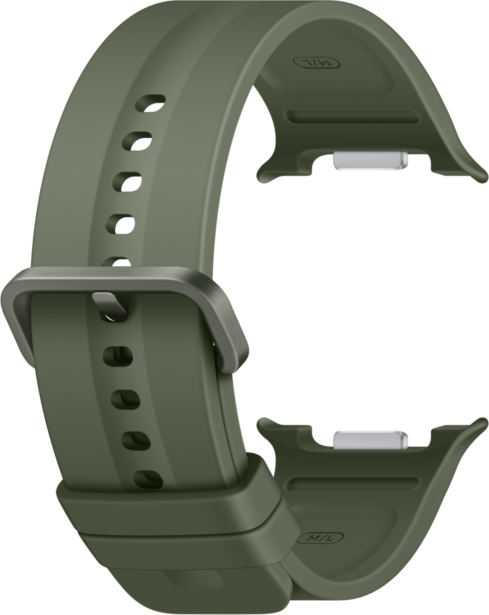 Cinturino in silicone verde con fibbia in metallo e motivo a fori.