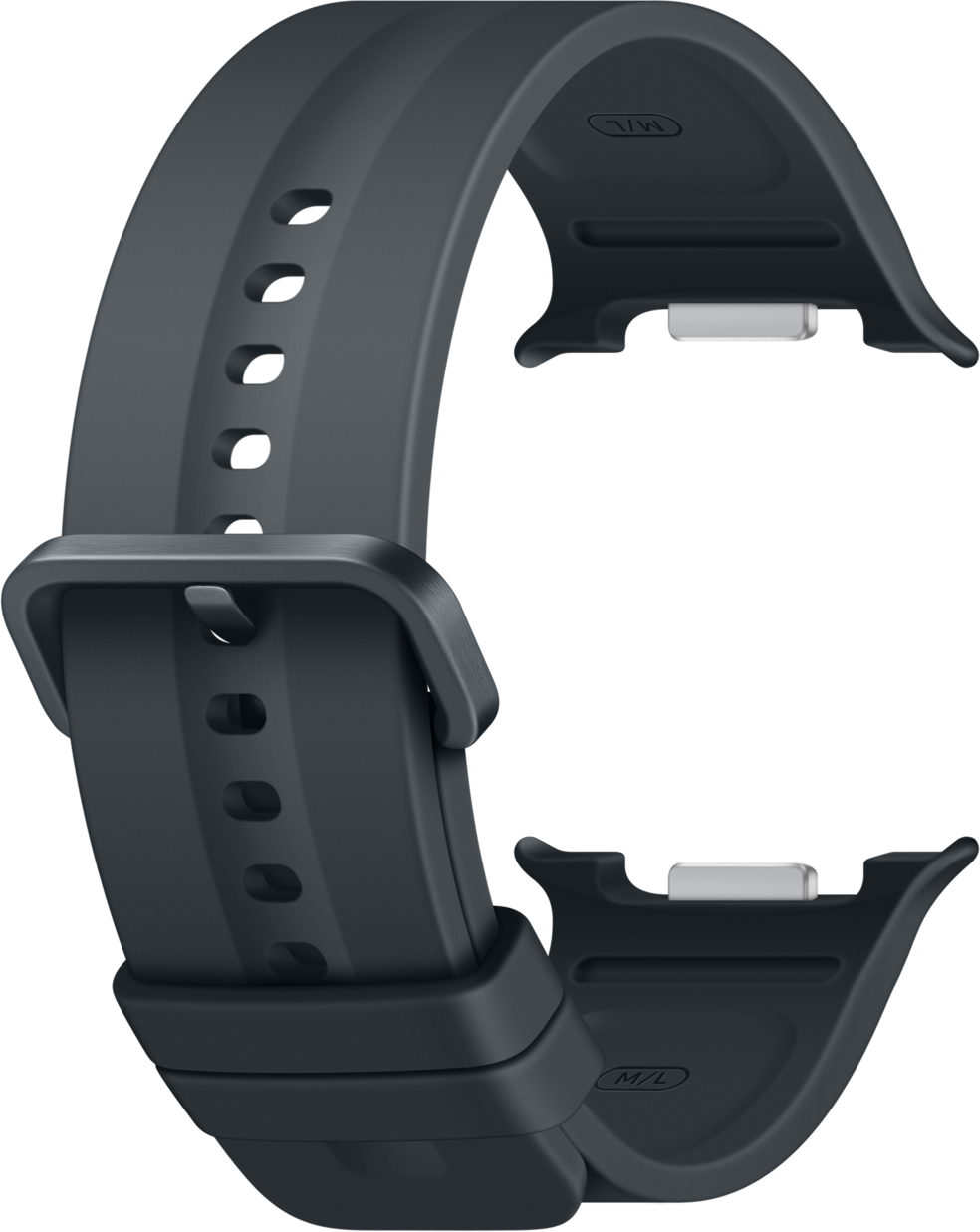 Dunkelgraues Uhrenarmband aus Gummi mit Schnalle und Lochmuster.