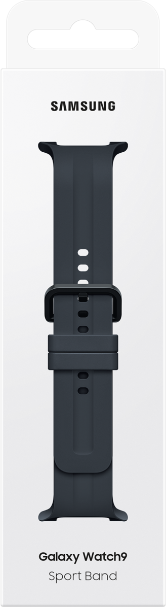 Samsung Galaxy Watch9 Sport Band in Dunkelgrau auf weißem Karton mit Aufhänger.