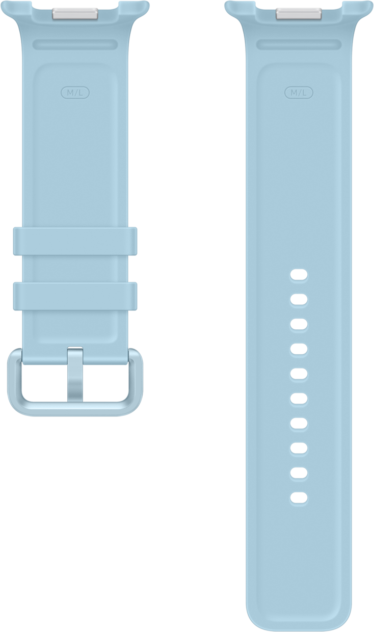 Zwei hellblaue Uhrenarmbänder, eines mit Schnalle, das andere mit Lochreihe.
