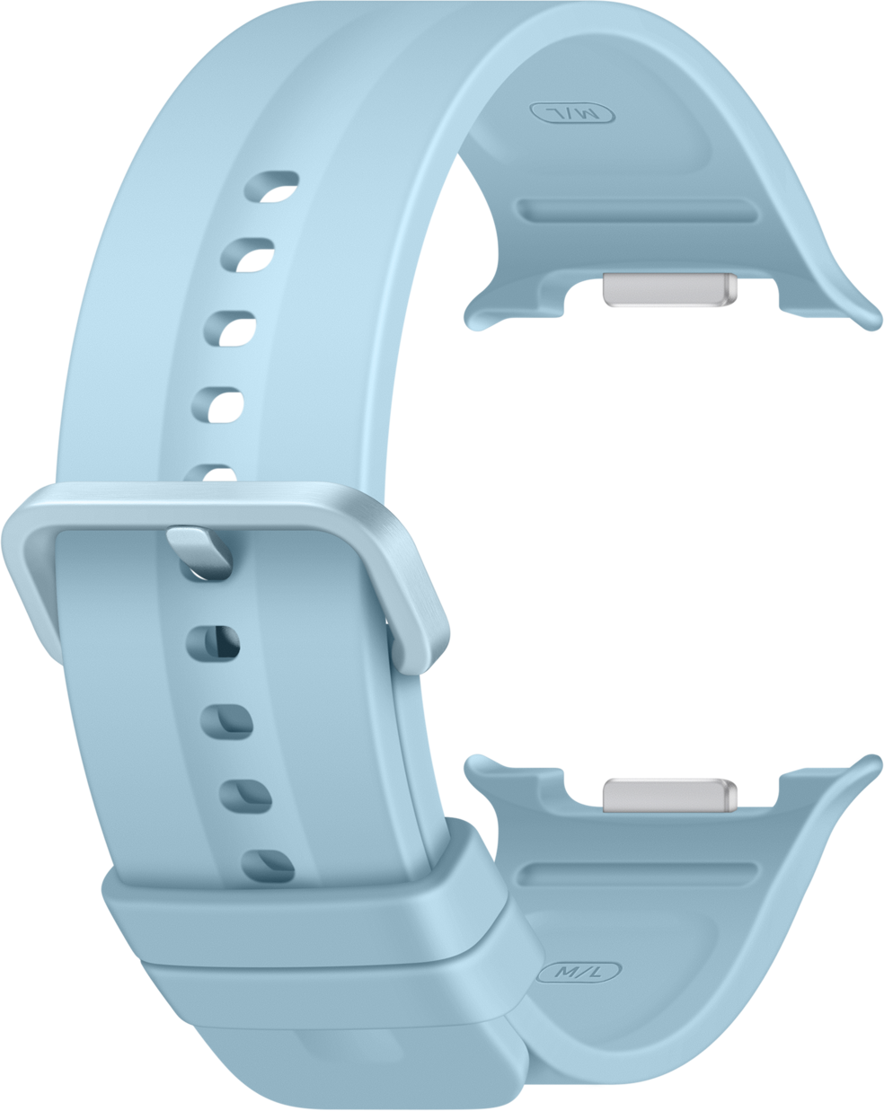 Ein hellblaues Uhrenarmband aus Silikon mit Schnalle und Lochung.
