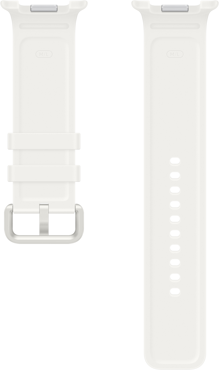 Ein weißes Armband mit Schnalle und Lochreihe auf weißem Hintergrund.