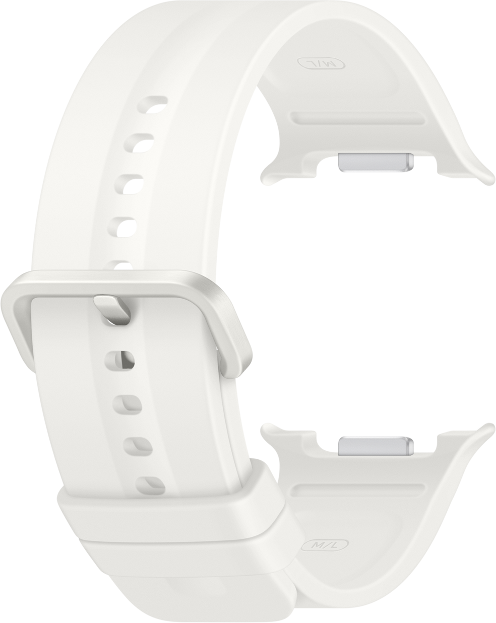 Ein weißes Uhrenarmband mit Schnalle und Lochmuster auf weißem Hintergrund.