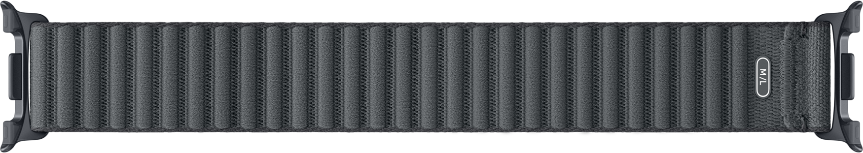 Dunkelgraues Textilarmband mit vertikalen Rippen und dunklen Anschlüssen.