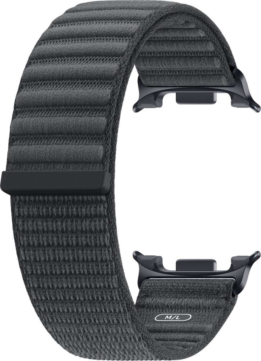 Ein dunkler, gewebter Armband mit schwarzen Halterungen und Rillen.