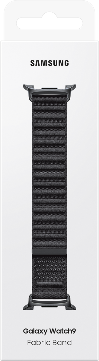 Samsung Galaxy Watch9 Stoffarmband in Schwarz auf weißem Karton