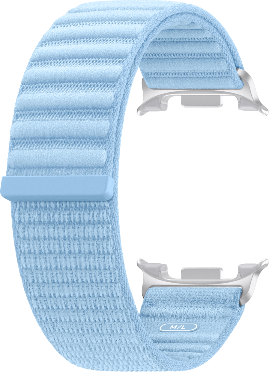 Helles blaues Stoffarmband mit silbernen Anschlüssen, Klettverschluss.