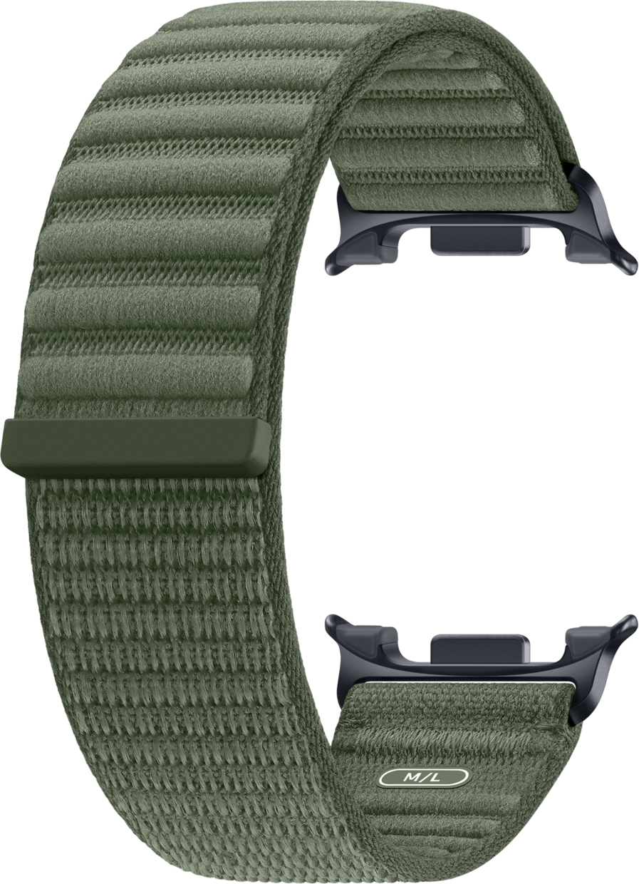 Ein olivgrünes Stoffarmband mit dunklen Verbindungsstücken und einer Größenangabe.
