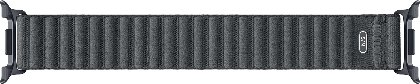 Dunkelgraues Stoffarmband mit Rillen und S/M-Größenangabe.