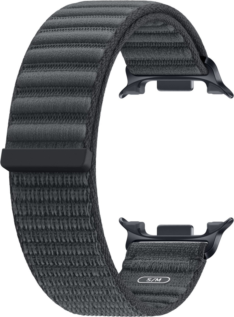 Ein graues Stoffarmband für eine Smartwatch mit schwarzen Verbindungsstücken.