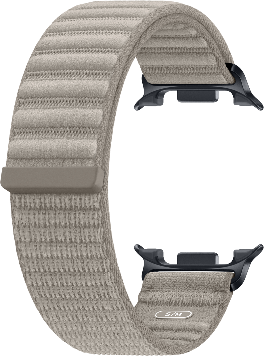 Ein hellbeiges Gewebe-Armband mit dunklen Anschlüssen für eine Smartwatch.