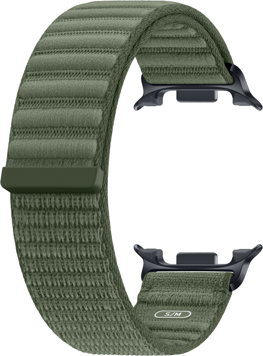 Ein olivgrünes Textilarmband mit schwarzen Anschlüssen für eine Smartwatch.