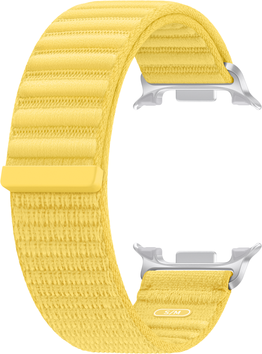Ein gelbes Armband mit silbernen Anschlüssen und Rillen.
