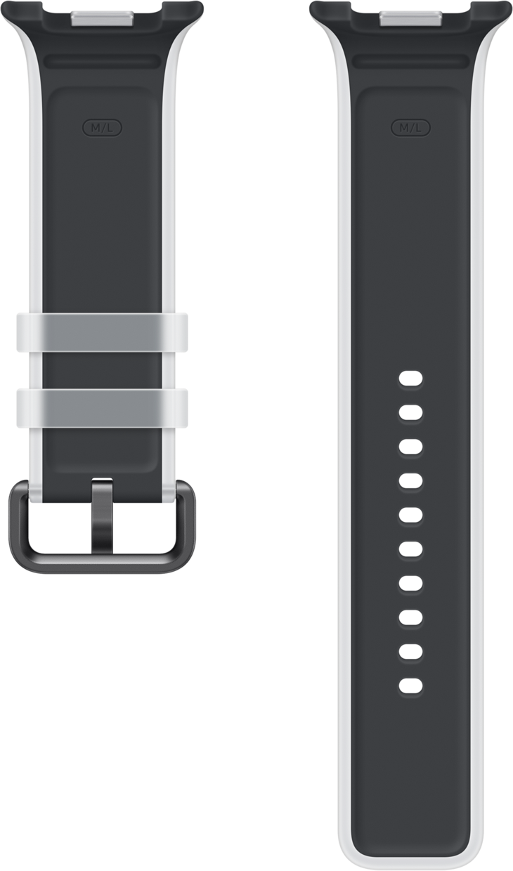 Zwei graue Uhrenarmbänder mit weißen Rändern, eines mit Schnalle und Schlaufen, das andere mit Lochreihe.