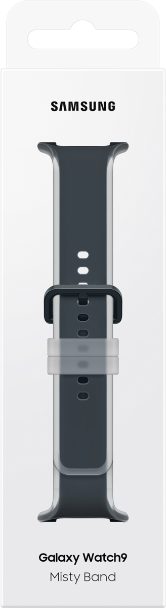 Samsung Galaxy Watch9 Misty Band Verpackung mit einer grauen Uhrband-Nahaufnahme.