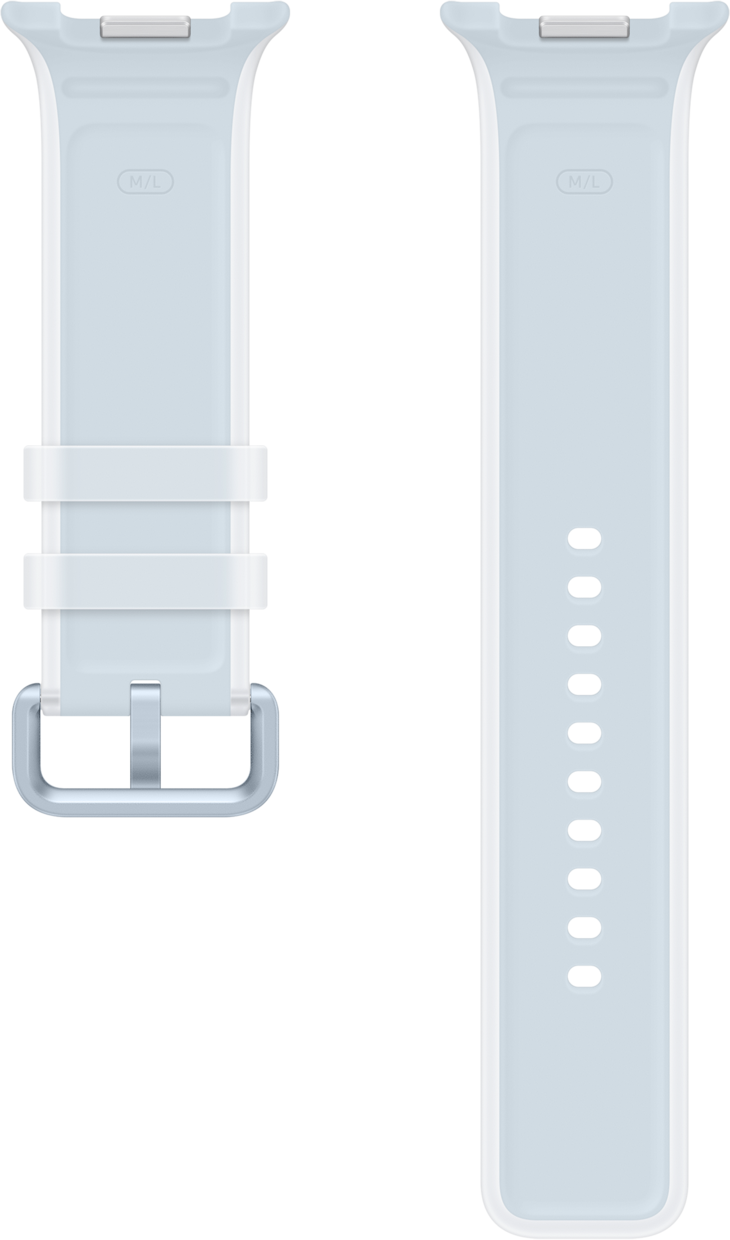 Zwei hellblaue Uhrenarmbänder aus Silikon, eines mit Schnalle, das andere mit Löchern.