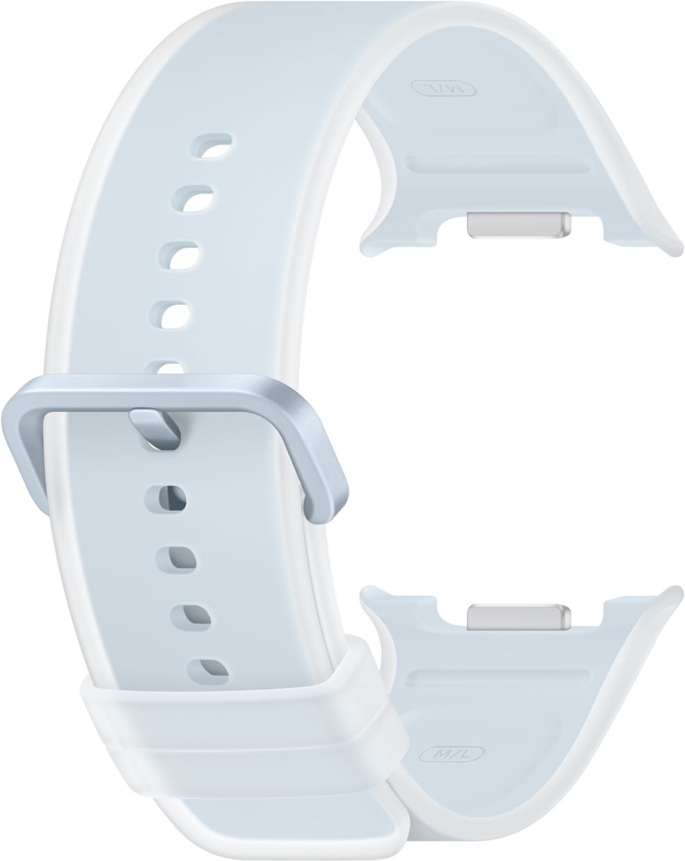 Ein hellblaues Armband aus Silikon mit Metallschnalle und Lochung.