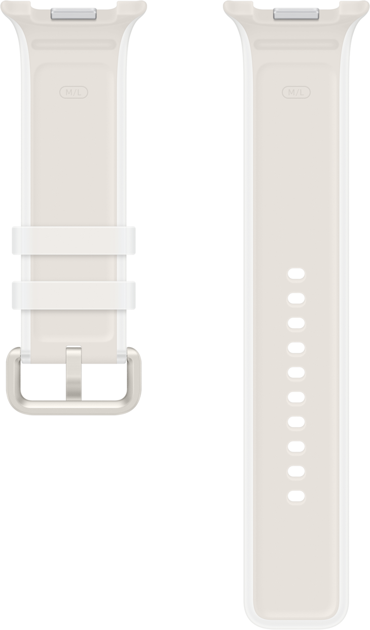 Zwei helle, cremefarbene Uhrenarmbänder, eines mit Schnalle, das andere mit Löchern.