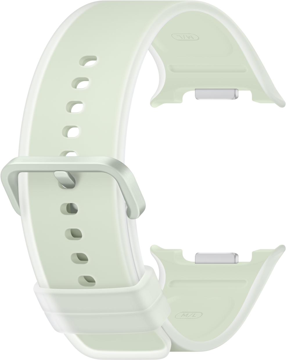 Ein hellgrünes Uhrenarmband mit Dornschließe und Lochverstellung.