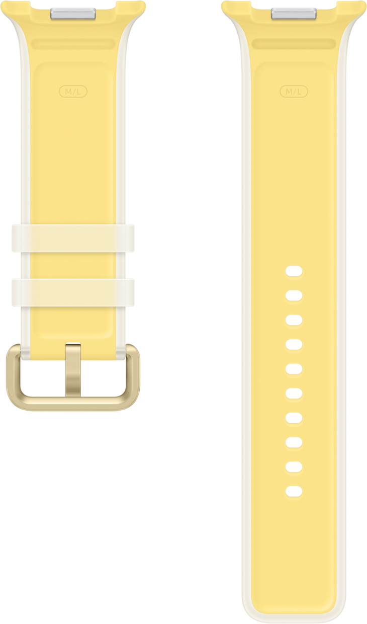 Ein gelbes Armband mit weißem Rand, mit Schnalle und Knöpfen.