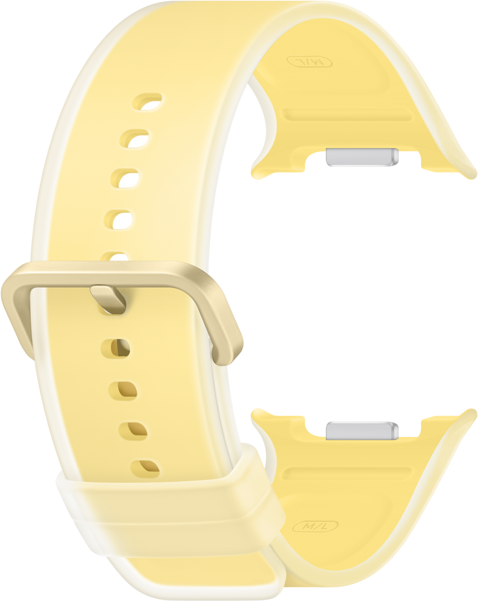 Ein hellgelbes Uhrenarmband mit Dornschließe und Lochung.