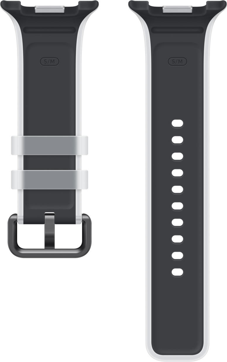 Zwei dunkle Armbänder für Smartwatches mit weißem Rand. Eines mit Schnalle, das andere mit Löchern.