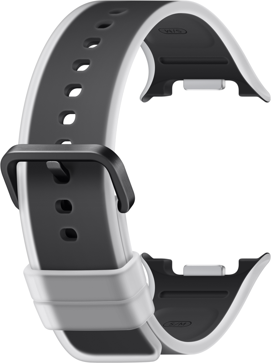 Graues und weißes Uhrenarmband mit schwarzer Schnalle und Lochmuster.