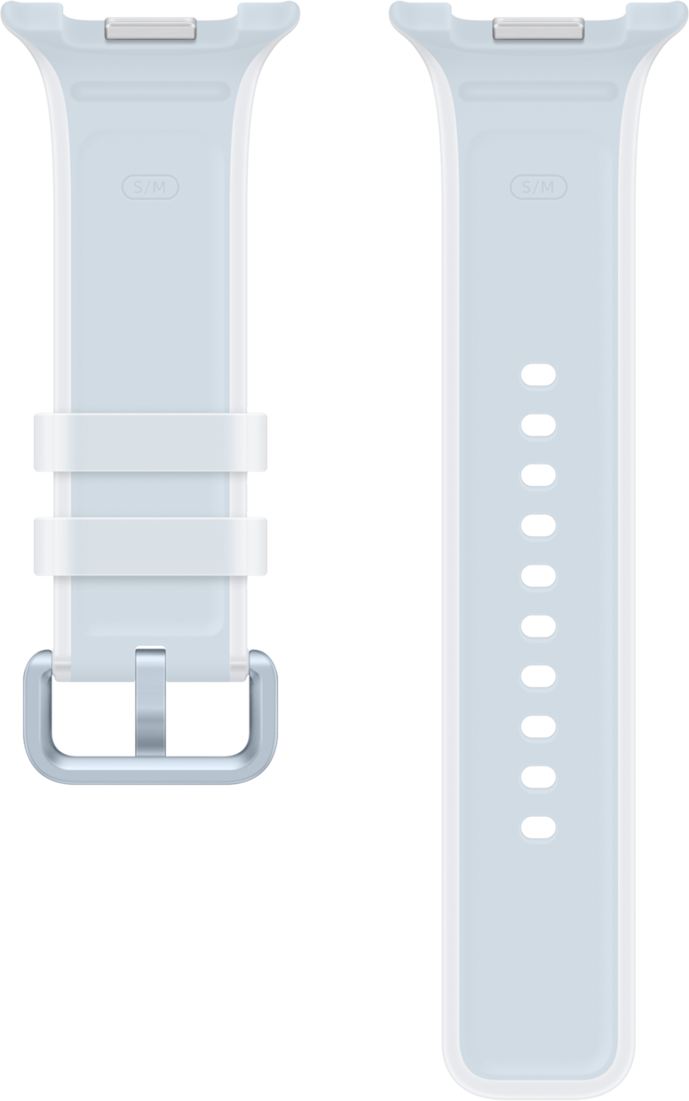 Ein hellblaues Uhrenarmband mit Schnalle und Lochmuster.