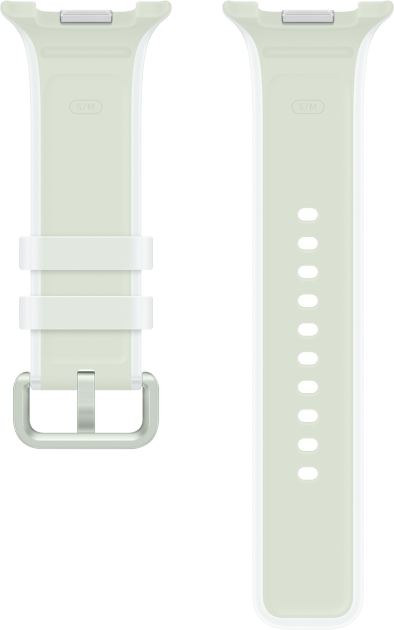 Ein hellgrünes Armband mit Dornschließe und Lochung.