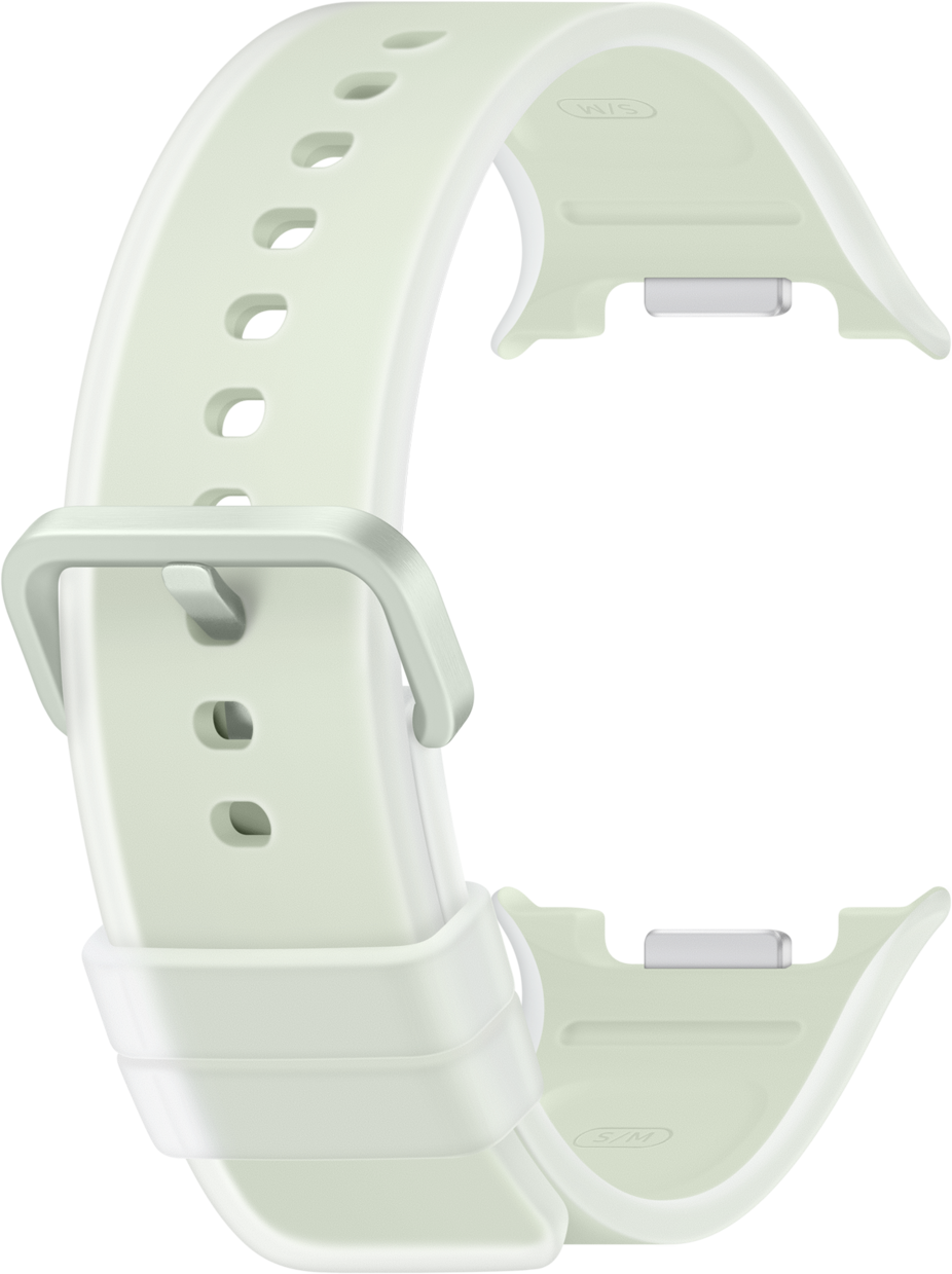 Ein hellgrünes Uhrenarmband mit Schnalle und Lochmuster.