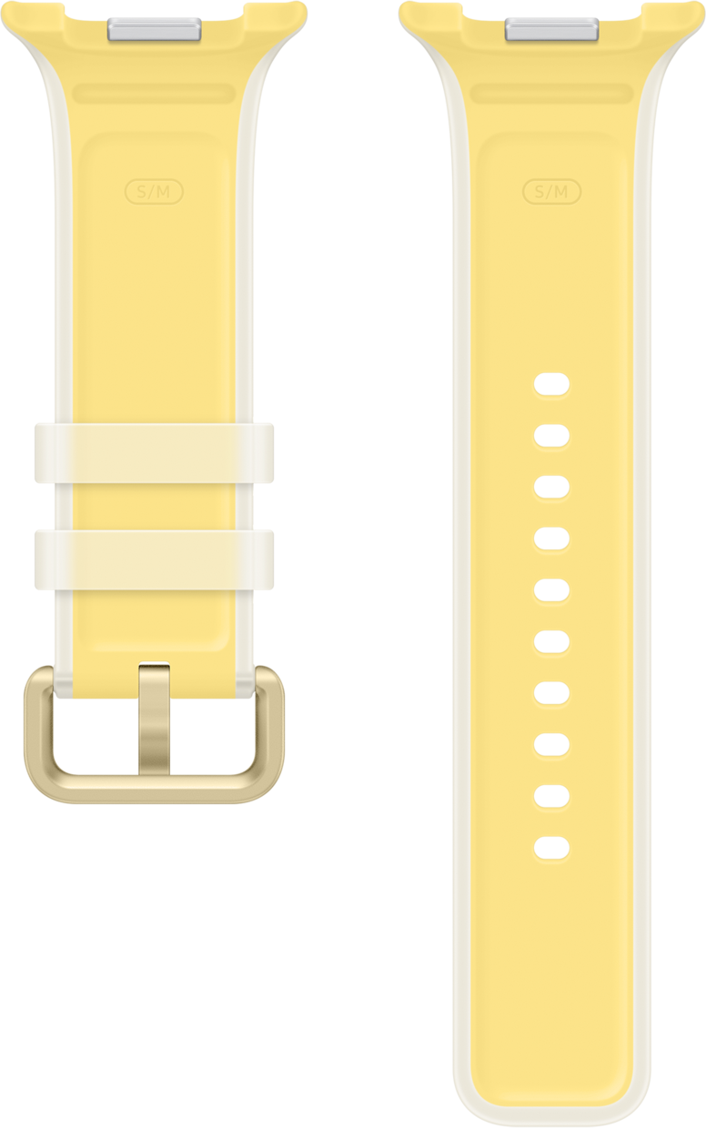 Zwei gelbe Uhrenarmbänder, eines mit Schnalle, das andere mit Löchern.
