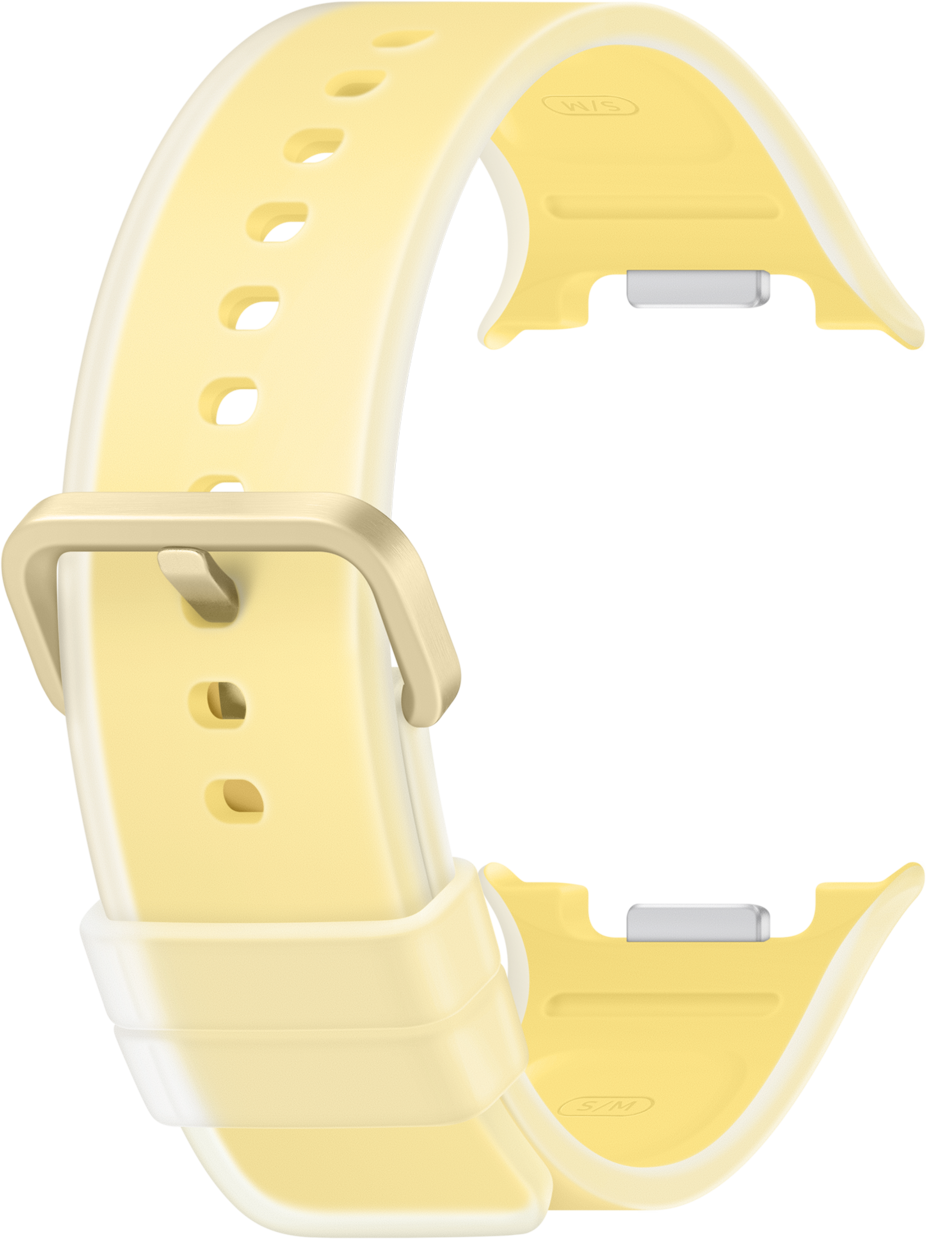 Ein gelbes Uhrenarmband mit Metallschnalle und Lochung.