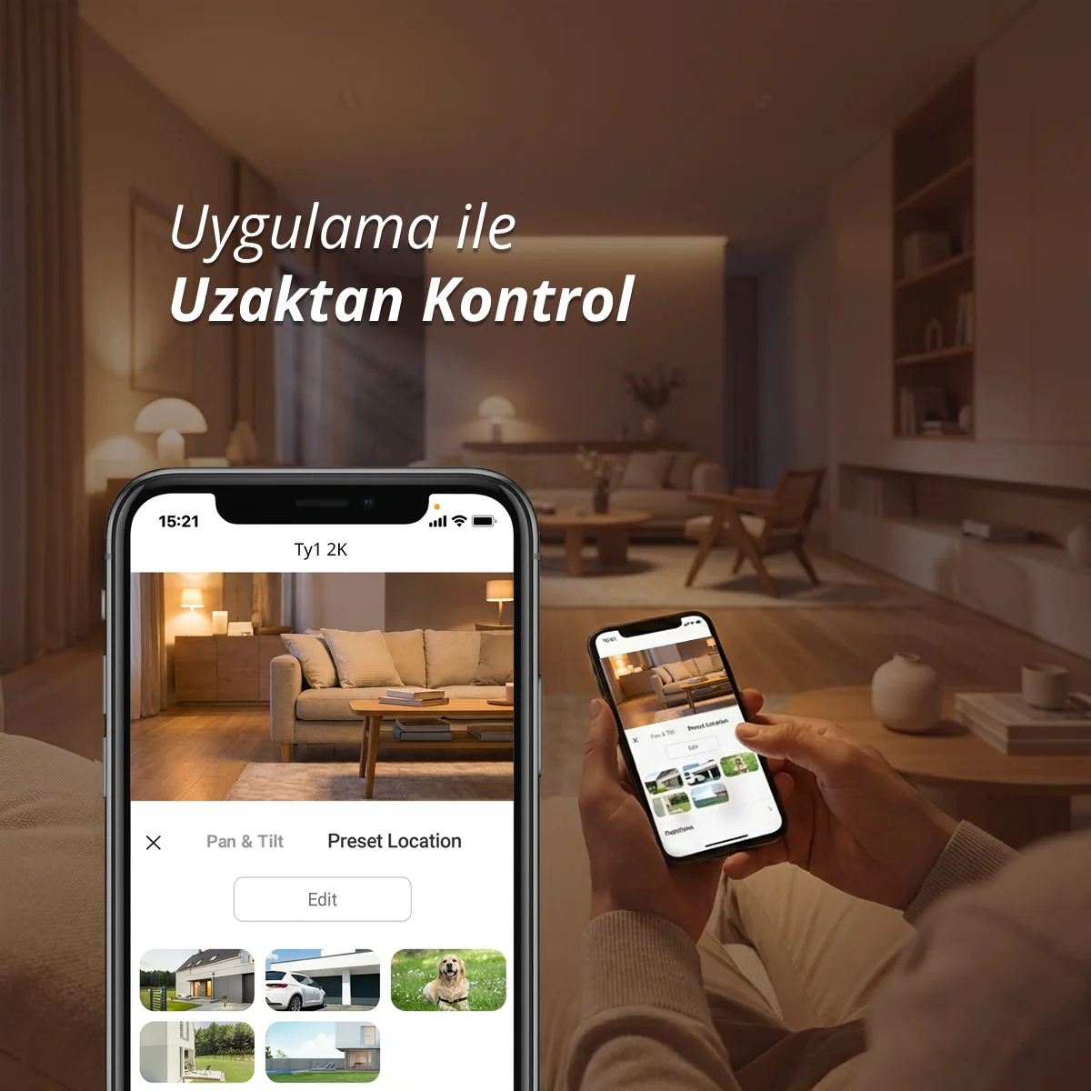 Akıllı telefon uygulama gösteriyor, oturma odası görünümü ve ayarlar var. Arkada oturma odası.