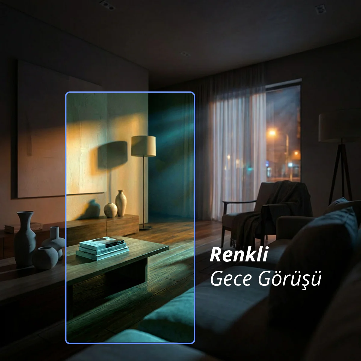 Loş ışıklar ve gölgelerle bir gece oturma odası. Önde kitaplı bir masa bulunuyor.