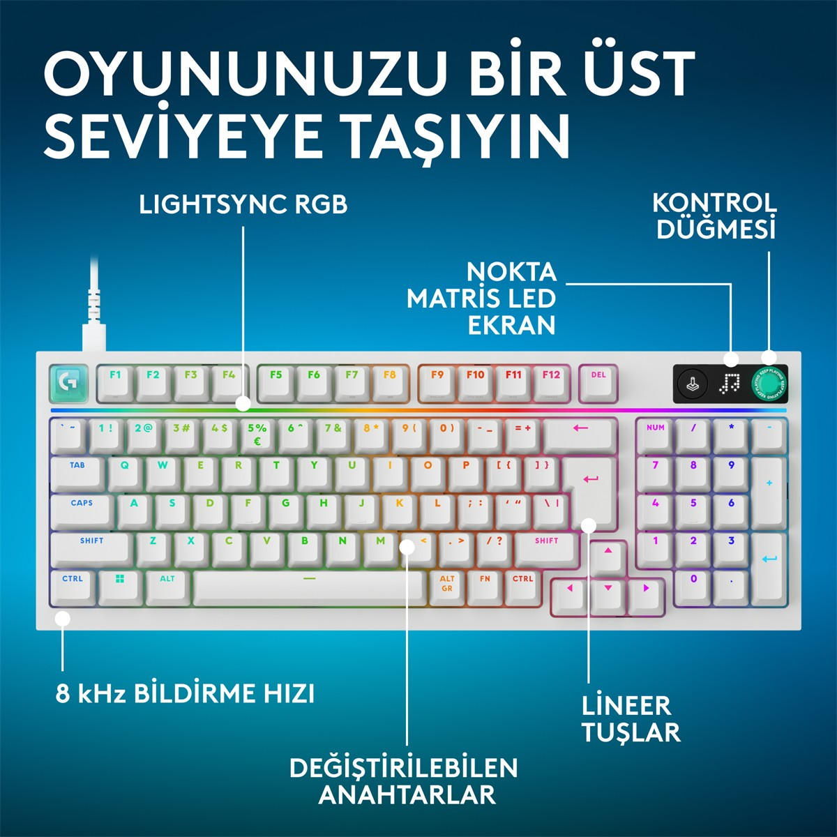 RGB aydınlatmalı, sayısal tuş takımlı ve ek kontrol düğmeli beyaz bir klavye.