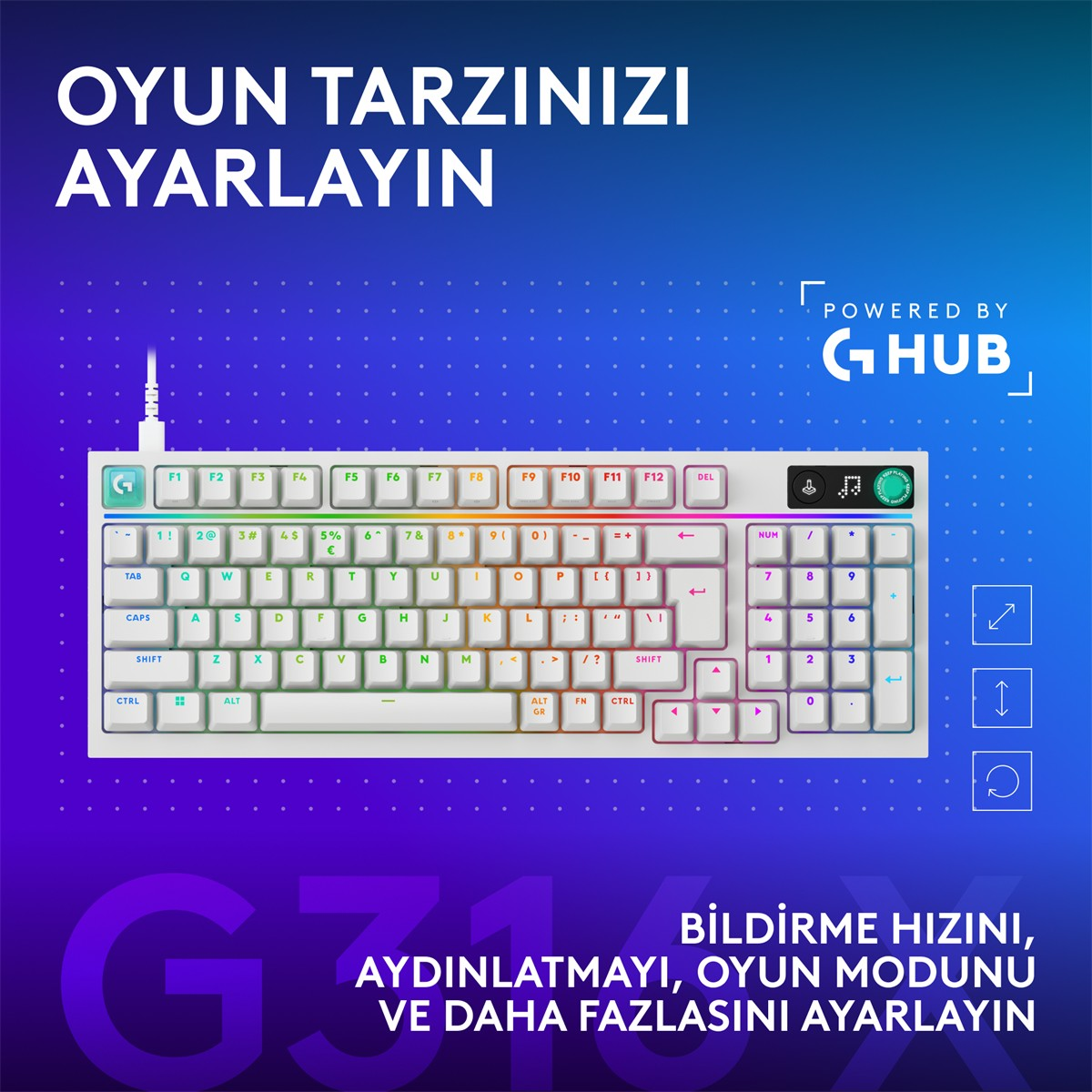 GHUB destekli, renkli tuşlara sahip beyaz oyuncu klavyesi.