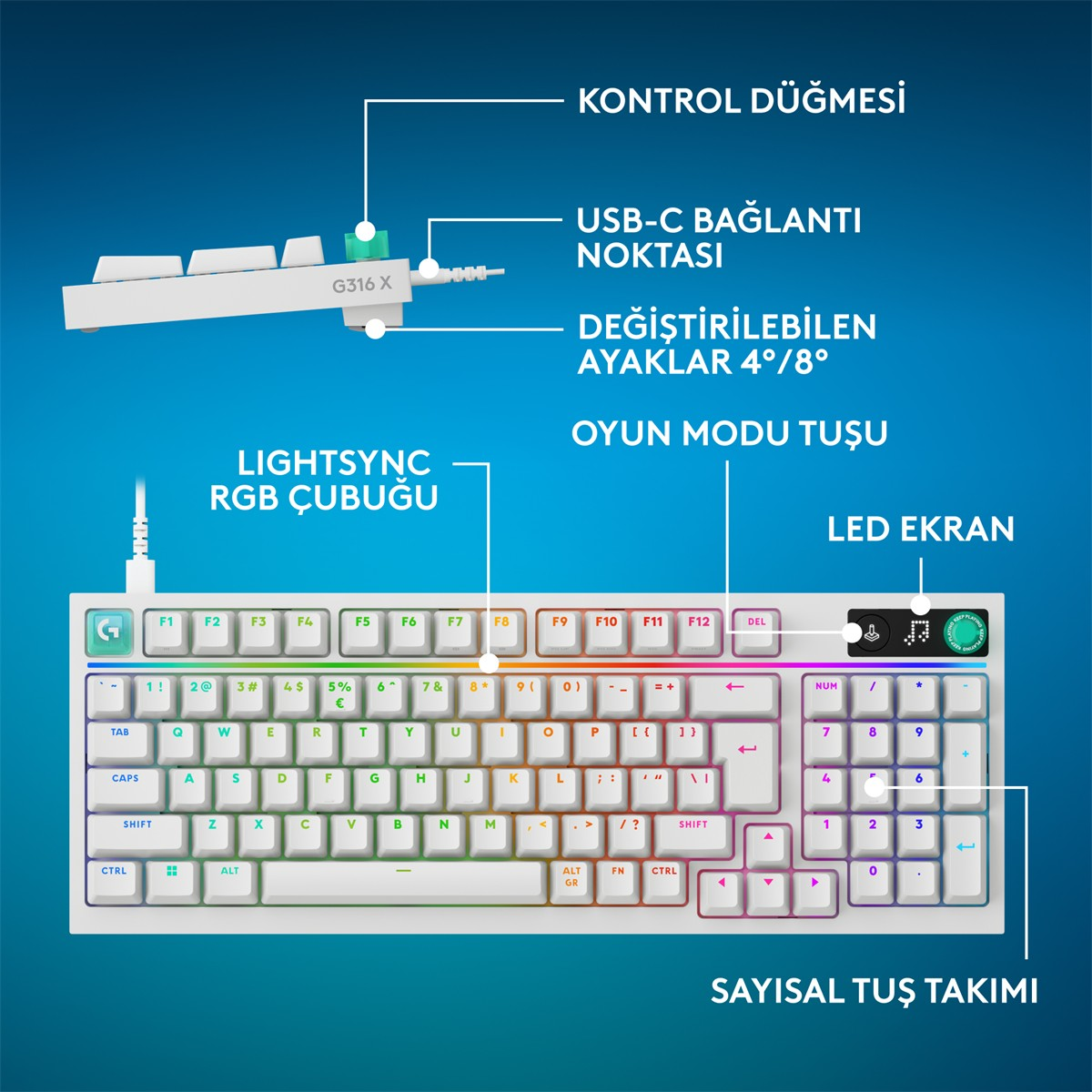 RGB aydınlatmalı, USB-C, ayarlanabilir ayaklı ve LED ekranlı beyaz klavye.