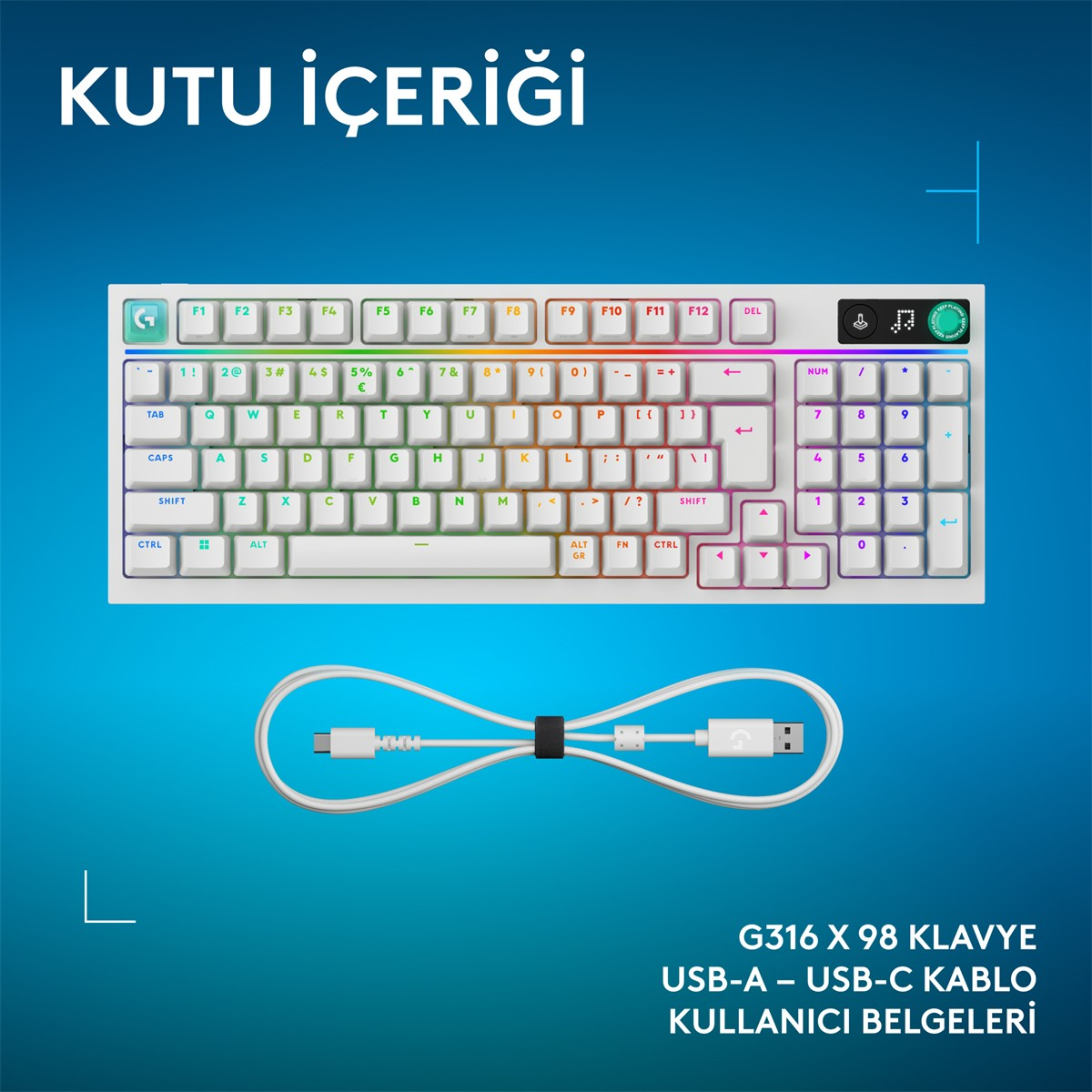 RGB aydınlatmalı beyaz klavye ve beyaz USB kablosu.