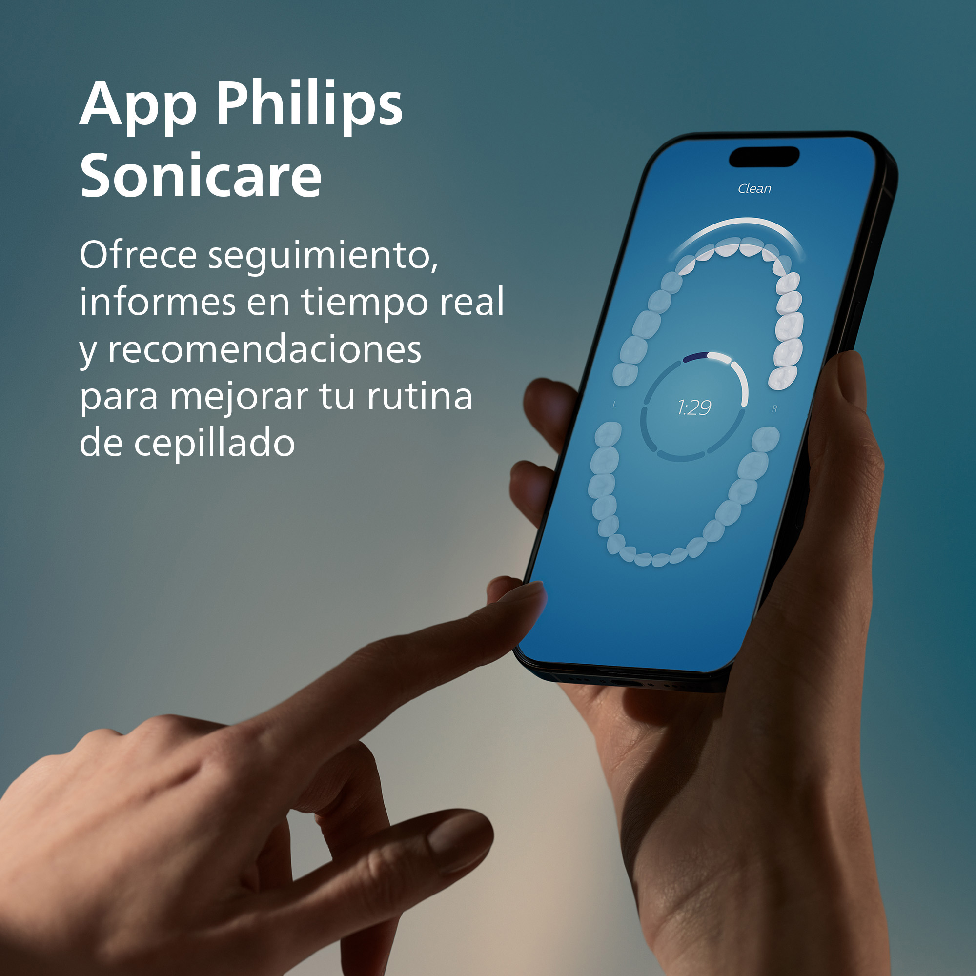 Una mano sostiene un smartphone que muestra una aplicación de análisis dental.