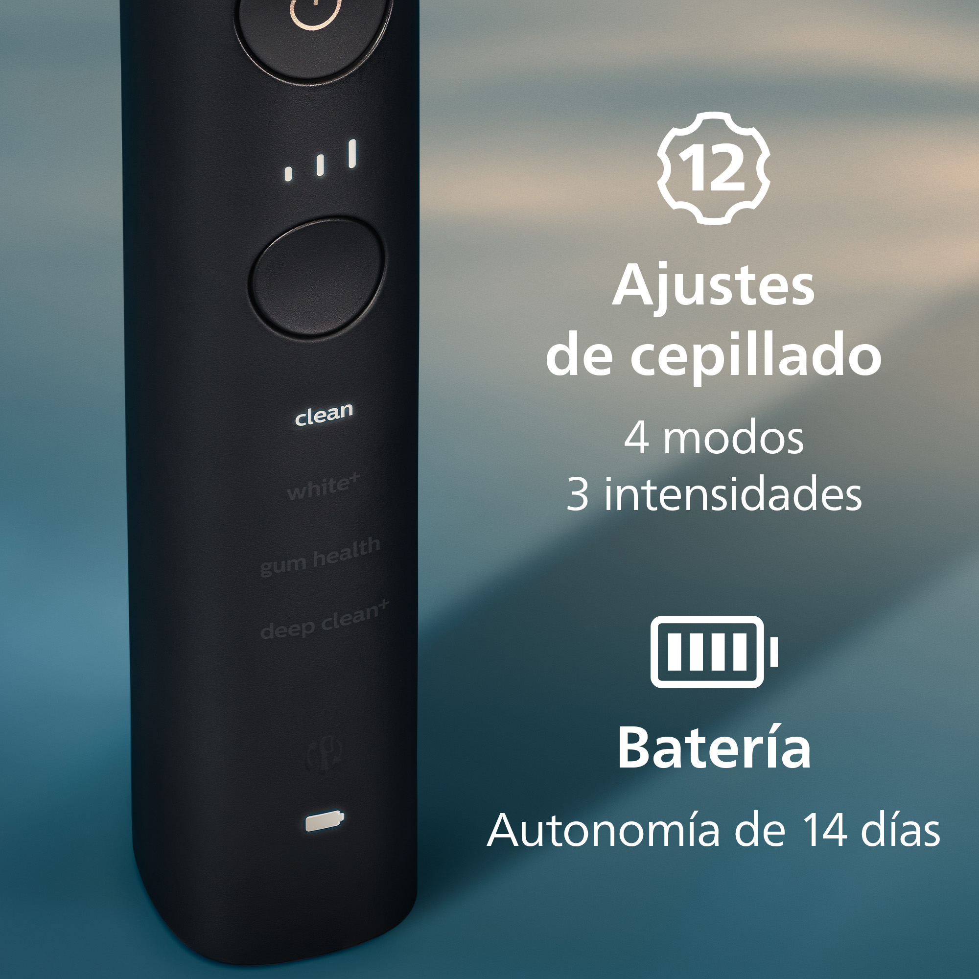 Cepillo eléctrico negro con 4 modos: Clean, White+, Gum Health, Deep Clean+. Batería 14 días.