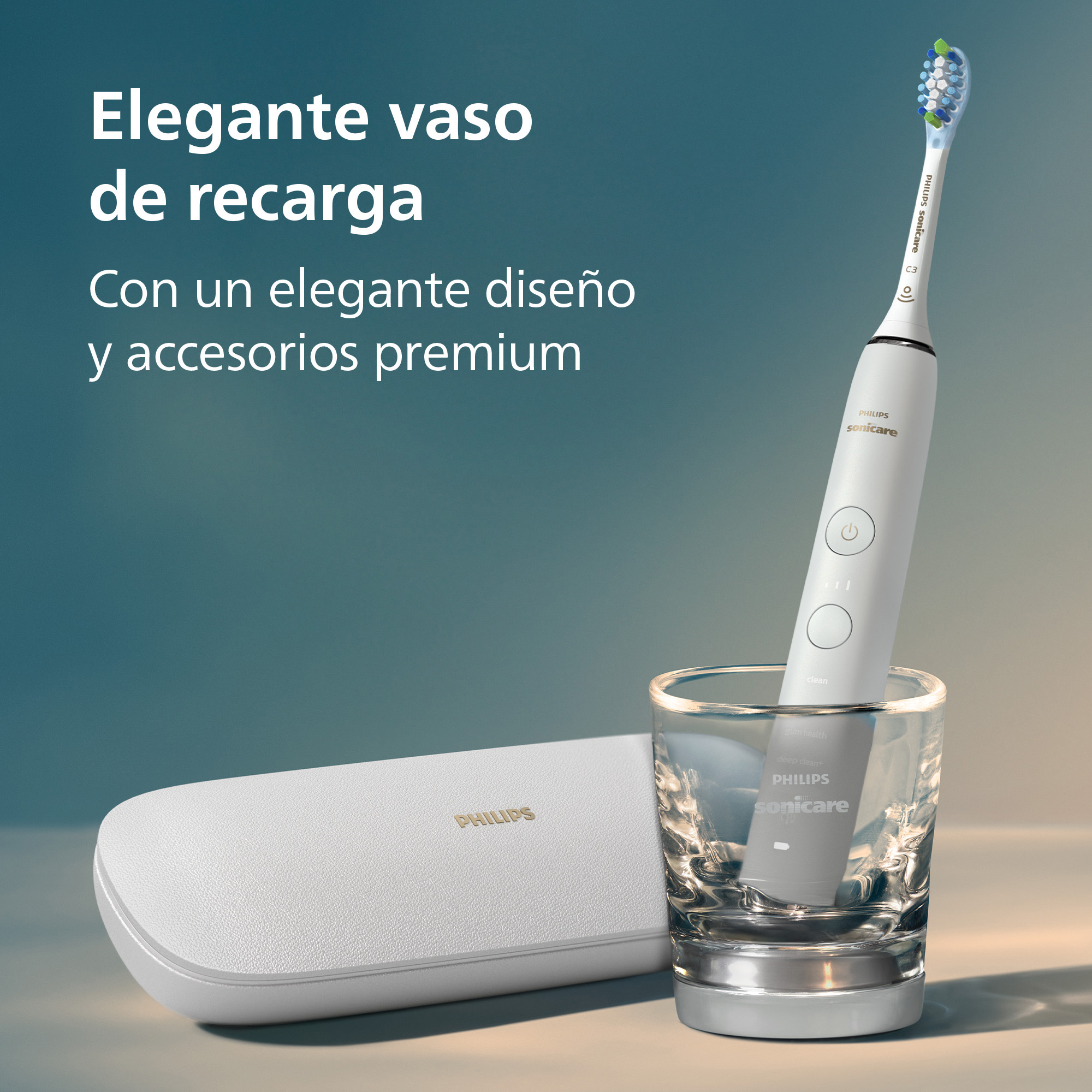 Cepillo de dientes eléctrico en un vaso, con estuche de carga al lado.