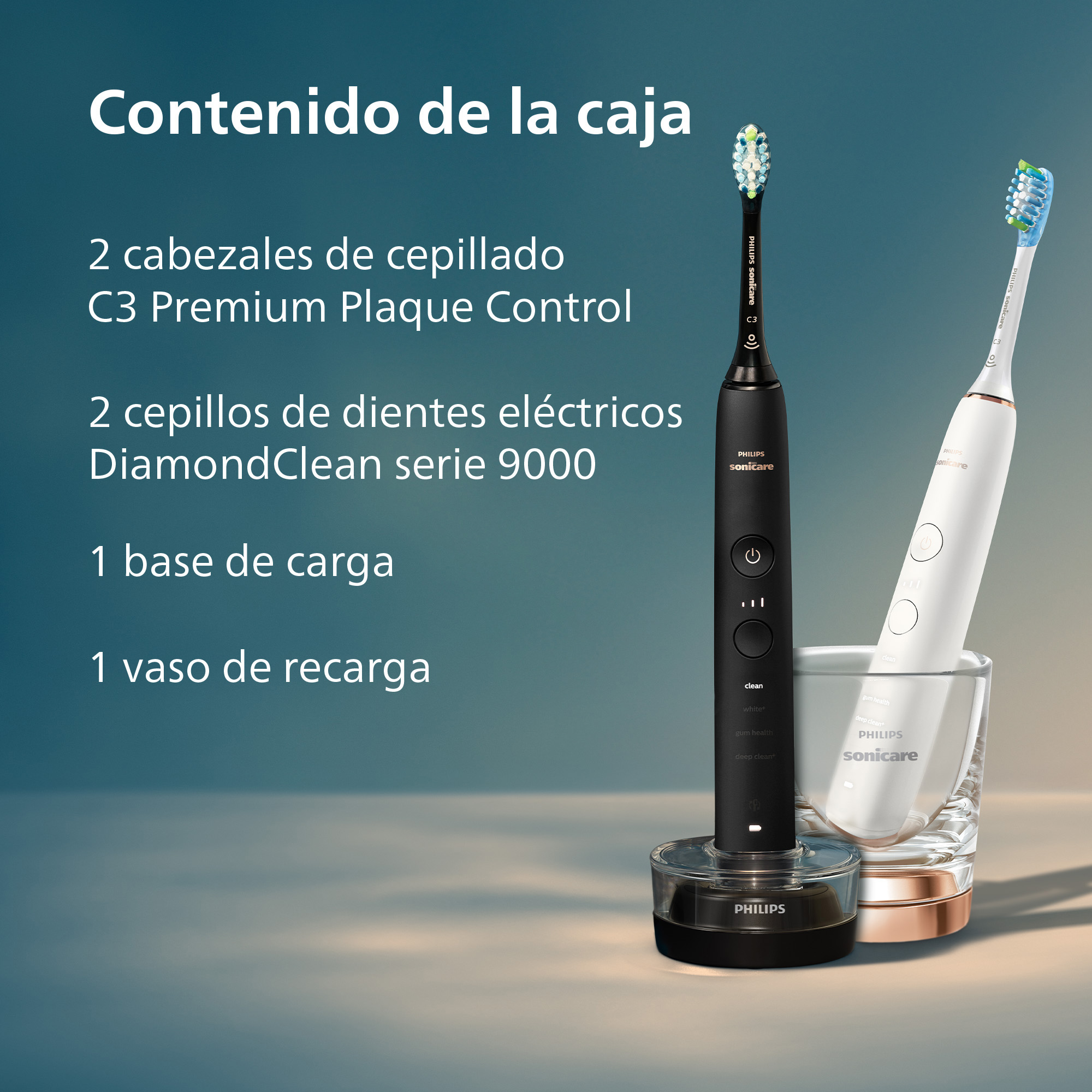 Contenido de la caja: 2 cepillos, base de carga y vaso.