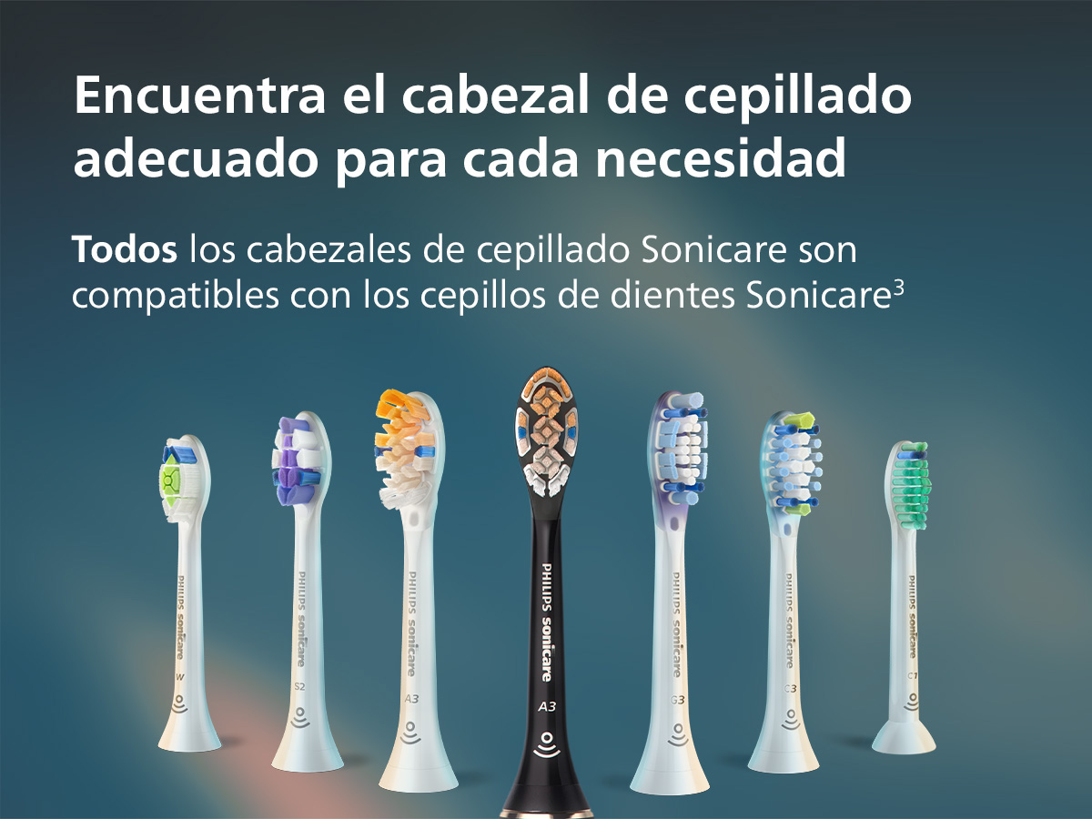 Siete cabezales de cepillo Philips Sonicare diferentes en varios colores.