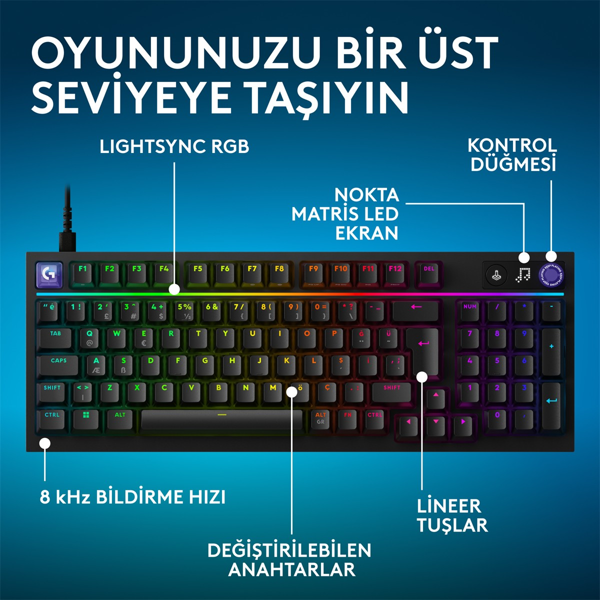 RGB aydınlatmalı, nokta matrisli LED ekrana ve kontrol düğmesine sahip oyuncu klavyesi.