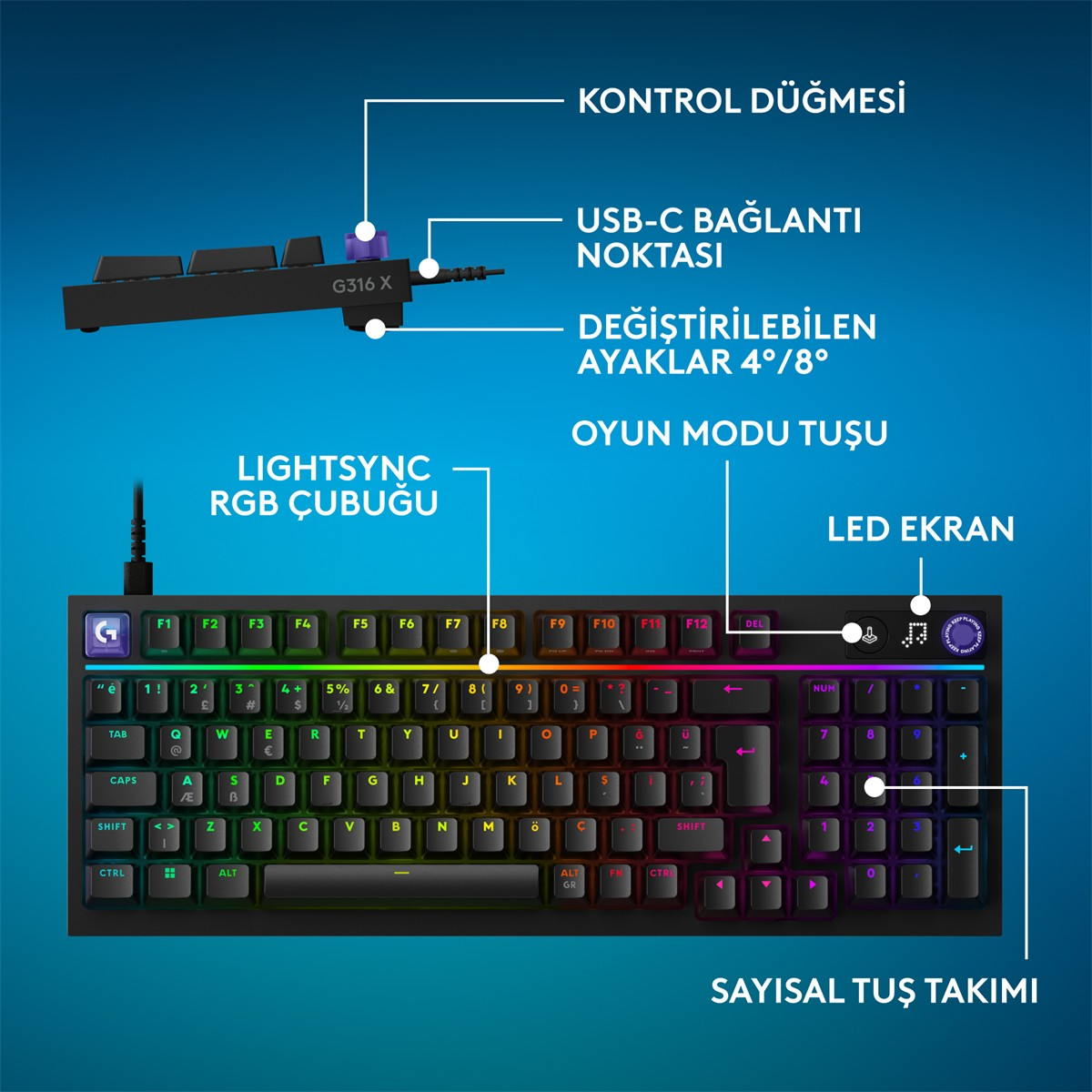 RGB aydınlatmalı, USB-C, kontrol düğmeli ve LED ekranlı siyah klavye.