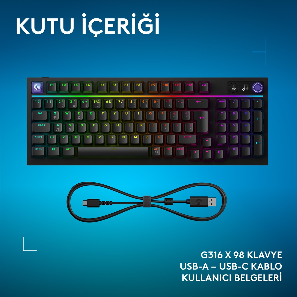 USB-A - USB-C kablolu siyah RGB klavye. Metin: Kutu İçeriği.